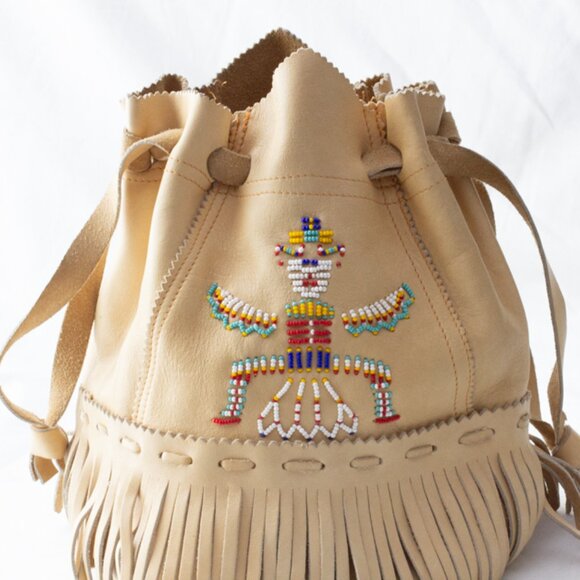Vgt Native American Beaded Hopi Kachina Medium Leather Bucket Handbag Purse Bag - Picture 6 of 7